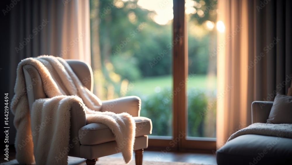 Poster tranquil reading space featuring a cozy chair, gentle throws, and a large window with a blurred back