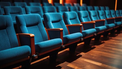 Conference room featuring blue seats in a vacant theater