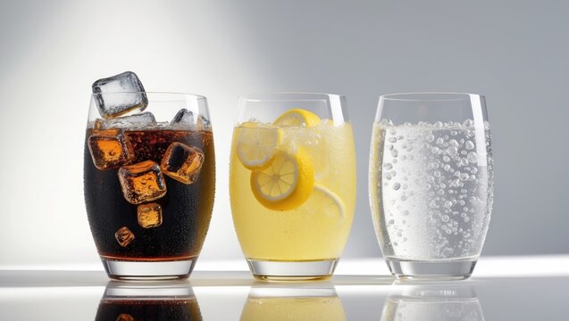 Chilled cola with lemonade and orange soda, garnished with ice cubes and bubbles on a white surface.