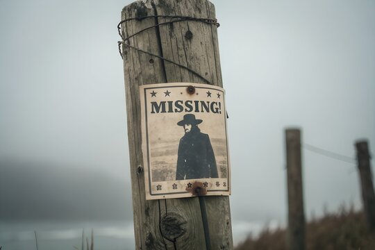 Vintage missing person poster on a weathered wooden post in a foggy rural landscape, evoking mystery, history, and a haunting search for the unknown.generative ai