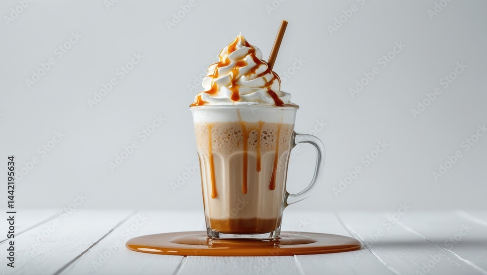 Poster blended cappuccino in a cup. served with cream on top. refreshing drink option. favorite caffeine ch