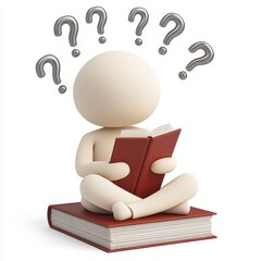 Textured 3D Figure Reading a Book with Question Marks
