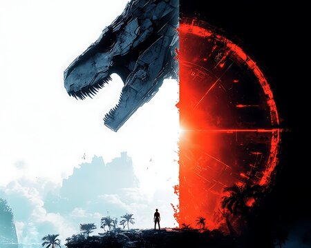 Dino-mech, futuristic, split-world