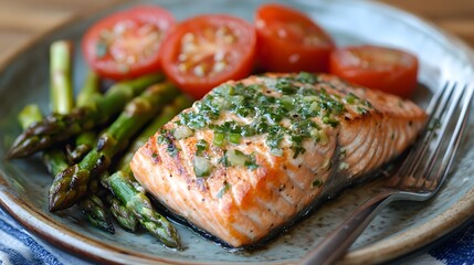 delicious salmon steak on a plate. Grilled asparagus, tomato garnish. Healthy food diet.