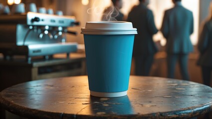 Detailed shot of a blue blank paper coffee cup with white plastic lid placed on a round wooden table, featuring a blurred espresso coffee machine in the background. Space for text. Soft focus. Hot