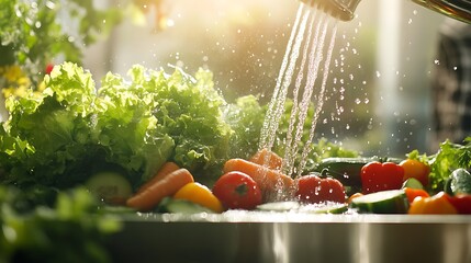 Vegetable Assortment Being Washed Under Running Faucet with Spritzing Water