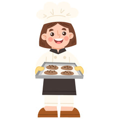 Illustration of cheerful baker holding tray of cookies