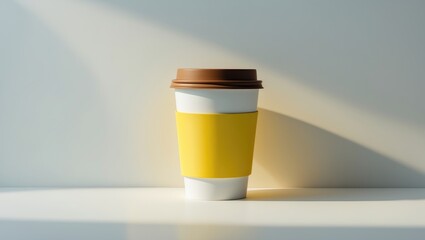 Yellow takeaway coffee cup with brown lid on plain background, close-up shot with empty space