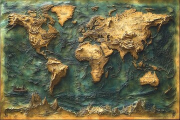 Detailed relief map of the world in warm earth tones.