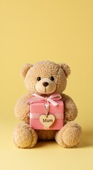 Obraz premium Teddy bear holding a gift for mum on a yellow background, studio shot