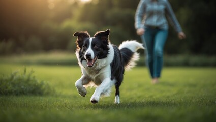 Border Collie canine dashing across the green field.