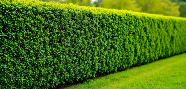 Lush green hedge neatly trimmed, bordering a vibrant lawn Ample copy space,  property, blank space - Powered by Adobe