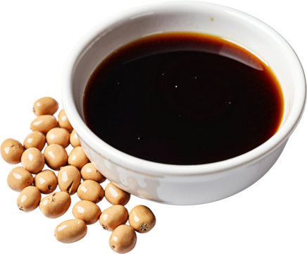 Pristine White Ceramic Bowl with Dark Soy Sauce and Fresh Soybeans Isolated on Transparent Background for Food Marketing Use