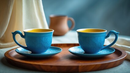 Fuzzy background scene featuring a mug or drink placed on a table