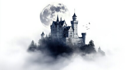 Enigmatic Castle on Foggy Hill Under Full Moon with Birds in Twilight Sky