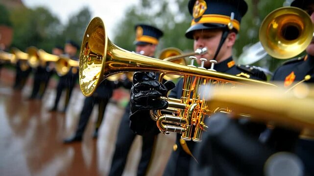 Close-up of a brass trumpet being played in the rain by a musician in a marching band uniform. Water droplets are visible, creating a dynamic and energetic scene