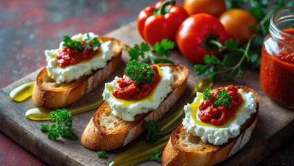 Top view of crispy bruschetta with creamy goat cheese, sweet red paprika in olive oil and herbs on a cutting board