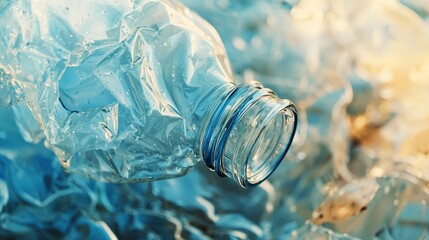 Crumpled Plastic Bottle on Blue Wet Background with Water Drops