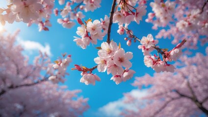 Cherry blossom tree in full bloom under a blue sky