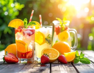 Iced lemonade and fruit drinks on a rustic wooden table, outdoor garden