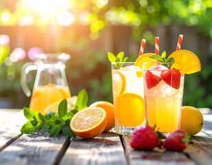 Iced lemonade and fruit drinks on a rustic wooden table, outdoor garden