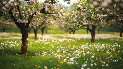 Serene Spring Orchard: Blossoming Trees and Wildflowers