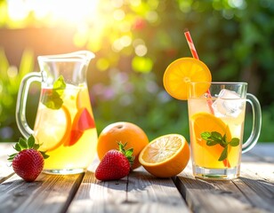 Iced lemonade and fruit drinks on a rustic wooden table, outdoor garden
