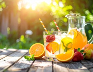 Iced lemonade and fruit drinks on a rustic wooden table, outdoor garden