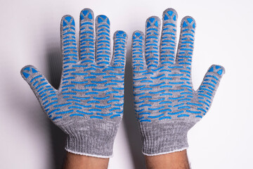 Industrial Protective Gloves with Blue Rubber Grip on White Background