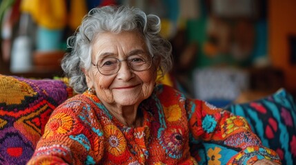 An elderly woman sits comfortably on a colorful couch adorned with various patterns, wearing a cheerful sweater and sharing a whimsical smile