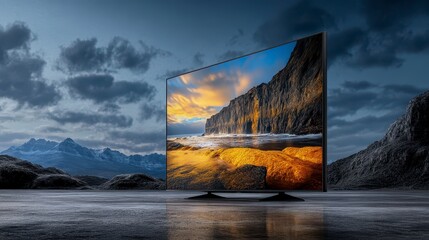 Tv Displaying a Sunset Landscape with Rocky Cliffs Against Mountain Backdrop