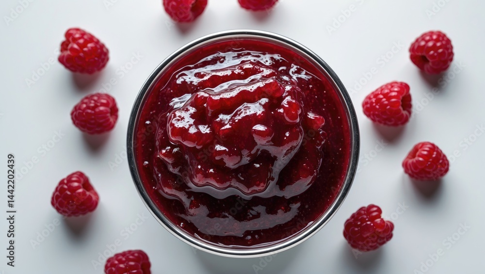 Poster raspberry jam in a bowl viewed from above on a plain background