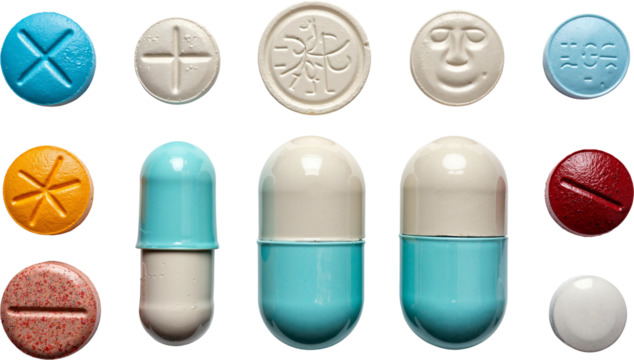High-resolution image of various medical pills, capsules, and tablets isolated on transparent background for pharmaceutical advertising and healthcare use.