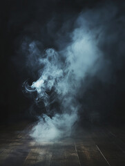 Ethereal smoke swirls above dark wooden floor