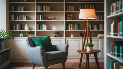 Warm and inviting home library with diverse books on shelves and a comfortable space for reading