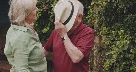 Love, laugh and happy with old couple in park for bonding, affectionate and funny. Romance, retirement and support with senior man and woman in nature for happiness, partnership and wellness