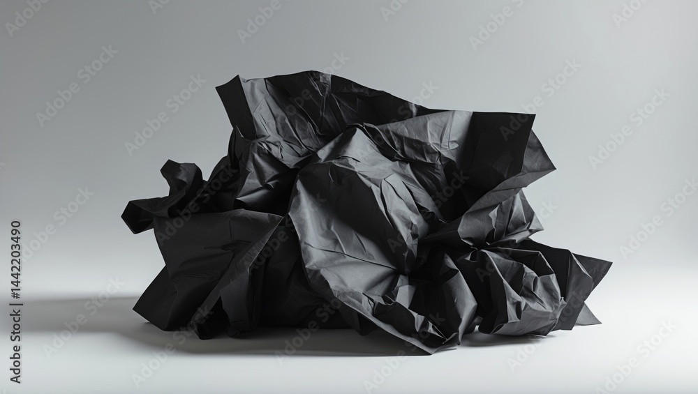 Poster crinkled black paper with distinct lines and highlights developing an abstract formation.