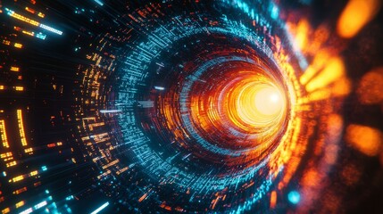 Vibrant Abstract Tunnel with Glowing Light and Digital Particles