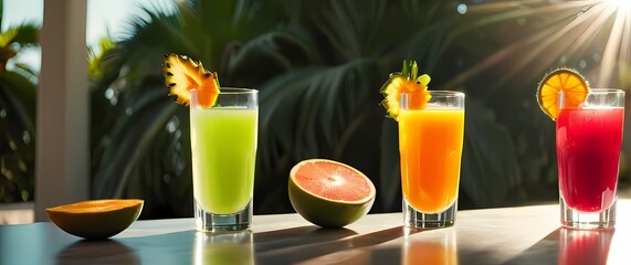 Fototapeta premium Refreshing tropical fruit juices poured into crystal clear glasses sparkling in sunlight on soft backgrounds