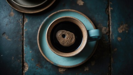 Old kitchen table with a coffee cup from above