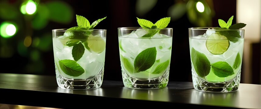 Refreshing mojitos served in crystal glasses with mint leaves and lime under soft light
