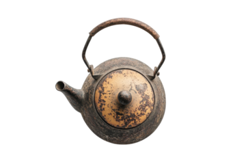 Rustic iron teapot aged patina top view simple white background earthy tones vintage charm antique