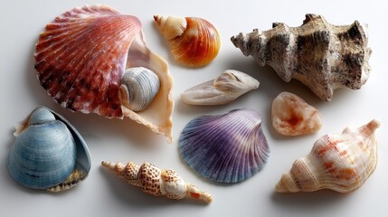 a collection of beach shells on a white isolated background, soft and natural textures