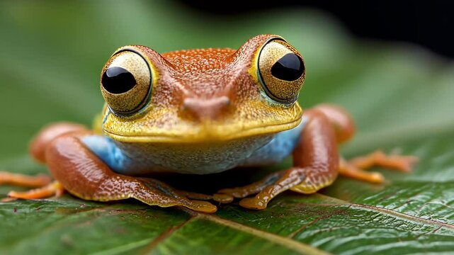 Close-up of an exotic orange and blue tree frog on a green leaf.