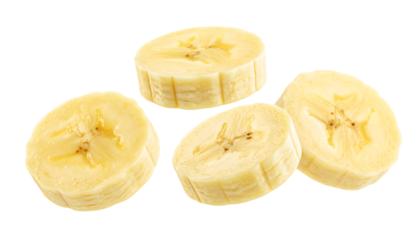 Flying delicious banana slices cut out isolated on transparent background,banana, slice, vegetarian, isolated, snack, white, healthy, tasty, closeup, delicious, food, fruit,