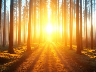 Magical Golden Sunrise in Misty Pine Forest Path