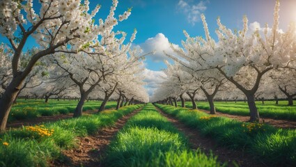 Orchard filled with blooming almond trees