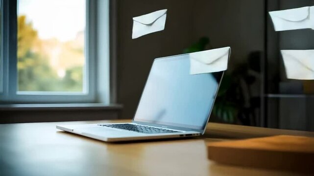 Emails flying through the internet, messages and laptop
