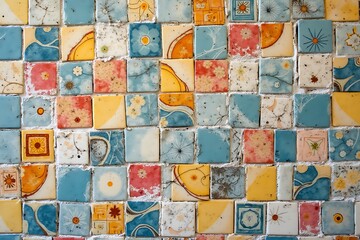 Rustic Decorative Tiles: A Textured Floral and Geometric Mosaic with Weathered Look for Backsplashes and Home Design Applications.                    