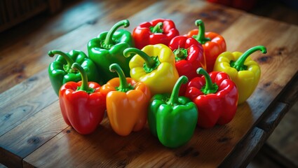 Colorful bell pepper placed on wooden surfaces